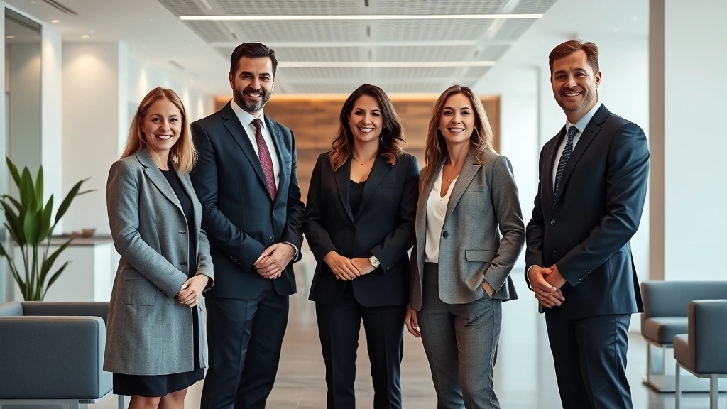 Diverse team of three attorneys standing together in modern law firm reception area with minimalist design, professional appearance, collaborative body language, natural lighting