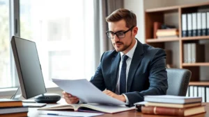 Professional male attorney in dark suit reviewing legal documents at modern office desk with law books and computer, serious focused expression, natural lighting from window