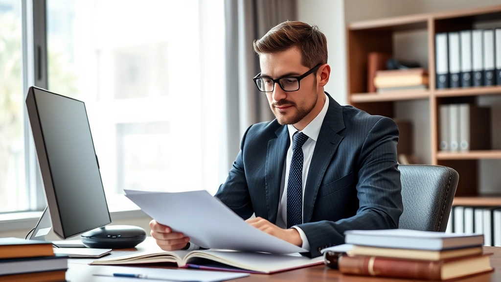 Professional male attorney in dark suit reviewing legal documents at modern office desk with law books and computer, serious focused expression, natural lighting from window