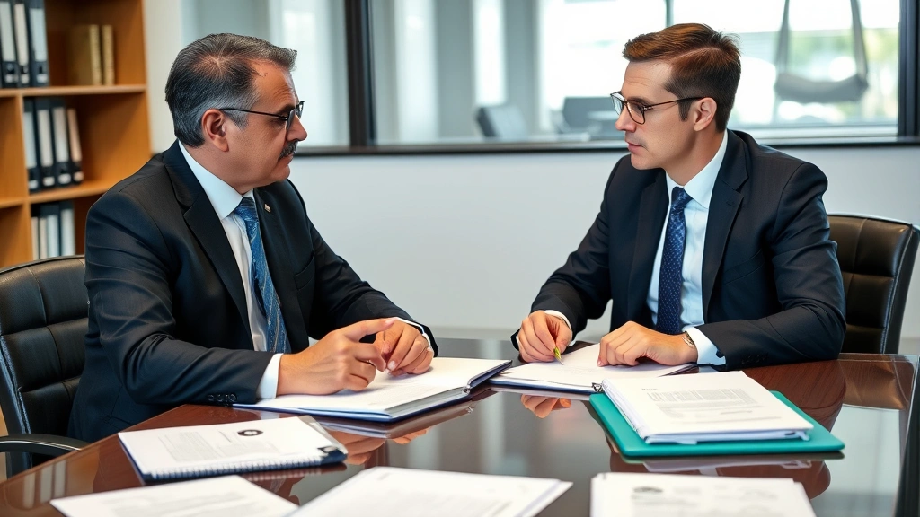 Two attorneys in business attire engaged in serious discussion at conference table with papers and legal files spread out, collaborative professional environment