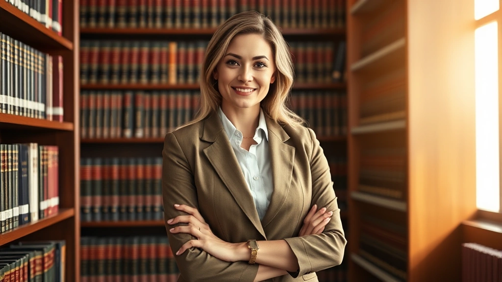 Female lawyer in professional blazer standing in law library surrounded by law books, confident authoritative pose, warm professional lighting