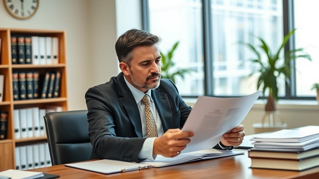 Professional attorney in business suit reviewing legal documents at wooden desk with law books in background, focused expression, modern office setting with natural lighting