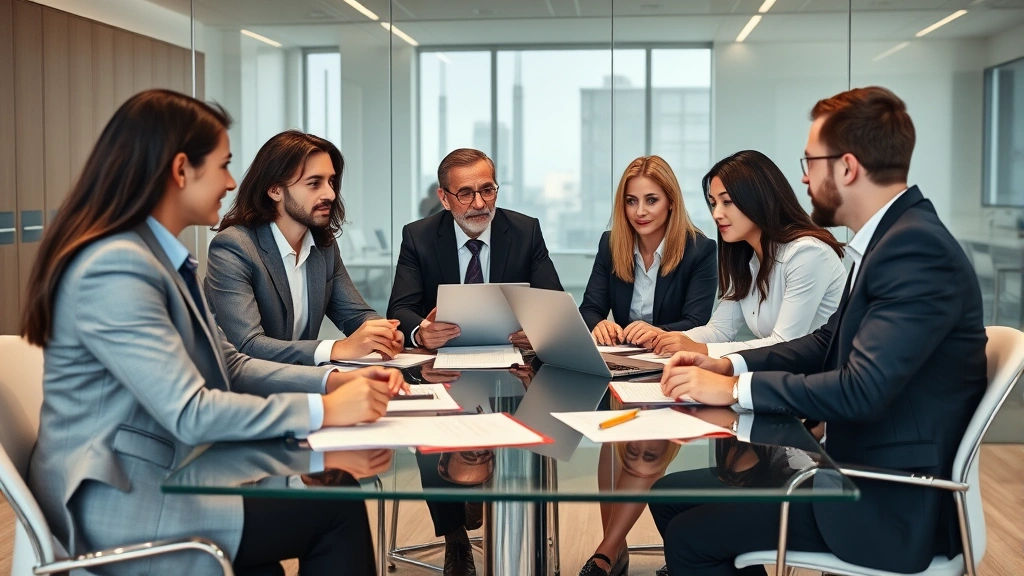 Diverse team of lawyers in business attire collaborating in modern conference room around glass table with laptops and documents, engaged discussion