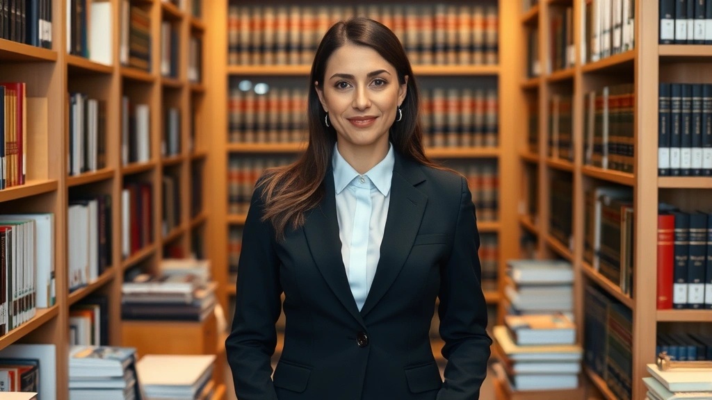 Female attorney standing in law library surrounded by legal reference books and case files, professional appearance, confident posture, neutral background