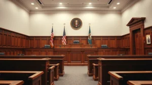Professional courtroom interior with wooden judge's bench, American flags, and empty jury box, neutral lighting, daytime, no people visible, legal setting photography