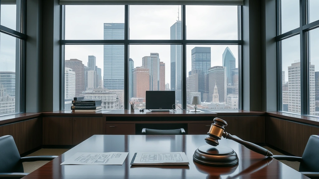 Modern judge's chambers with desk, gavel, law books, and windows showing city skyline, professional office setting, neutral tones, sophisticated legal workspace, no documents on desk