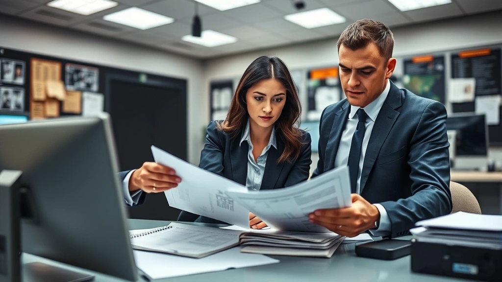 Professional male and female detectives in business attire reviewing case files at a desk in a modern police precinct, with computer monitors and evidence boards visible in the background, serious focused expressions