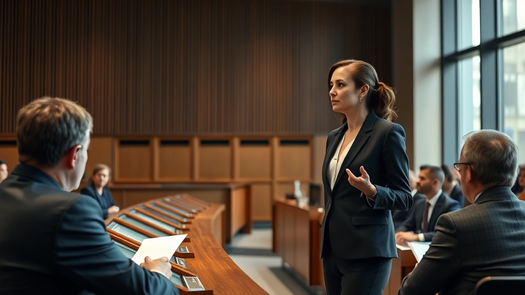 Female prosecutor in business suit presenting evidence to a jury in a modern courtroom, standing near evidence displays, confident professional demeanor, natural courtroom lighting