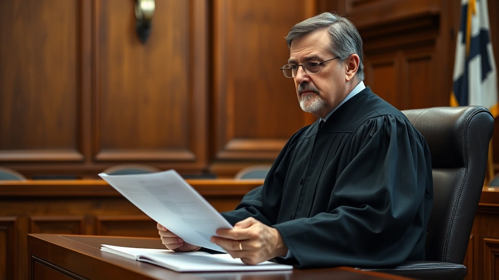 Judge in black robes at bench in formal courtroom setting, reviewing legal documents with serious expression, professional court environment with wood paneling and official courthouse atmosphere