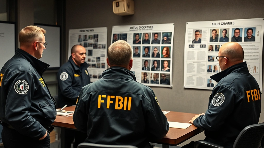 FBI agents in tactical gear and windbreakers conducting coordinated investigation briefing with evidence boards showing criminal organization charts and photographs, professional law enforcement setting