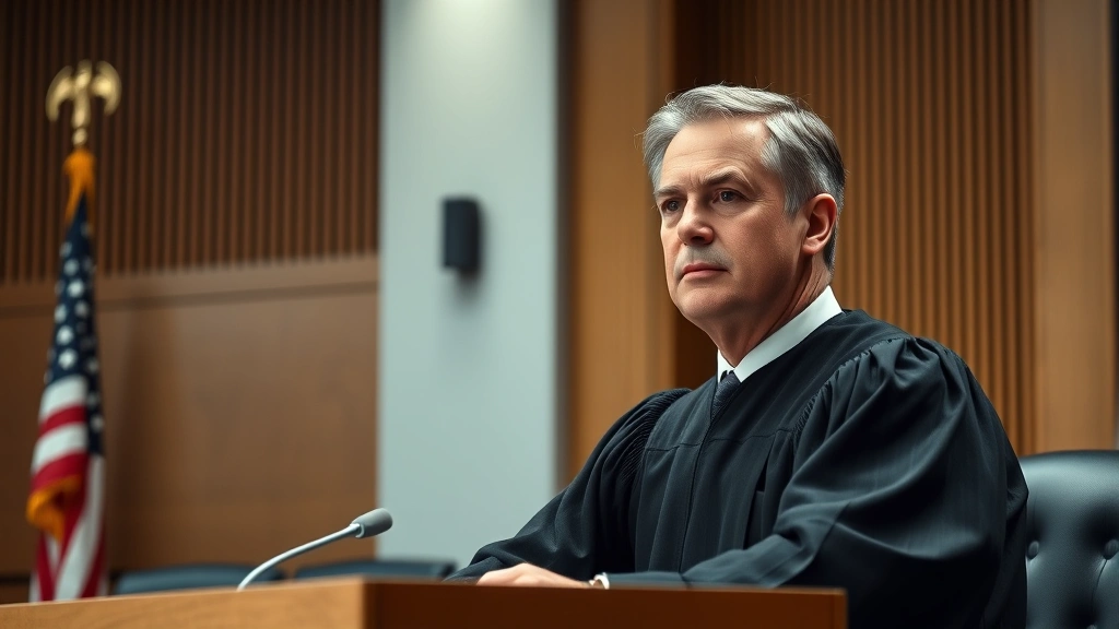 Professional judge in black robes sitting at bench in modern courtroom with American flag, serious expression, formal legal setting, natural courtroom lighting