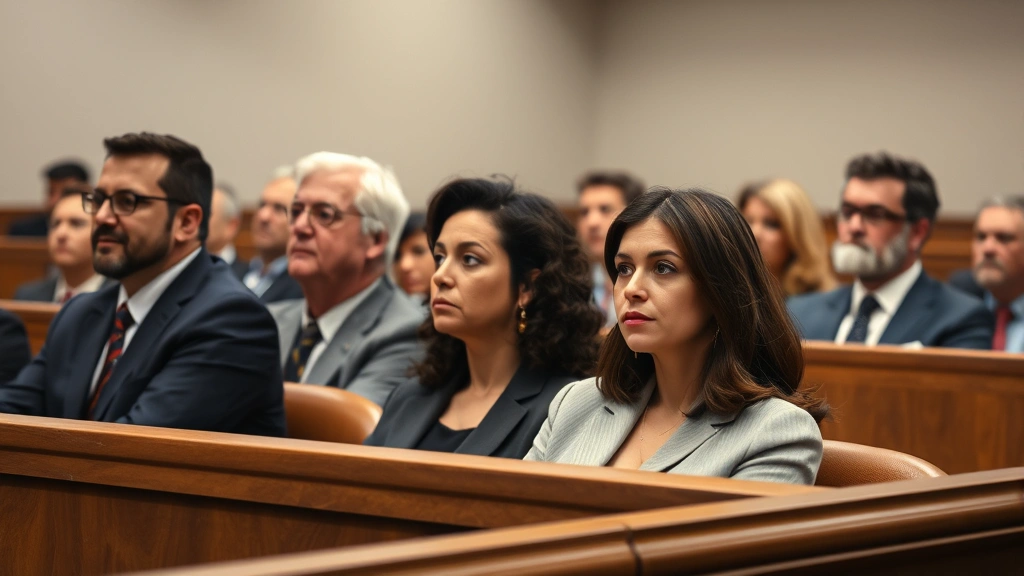 Diverse jury members sitting in jury box during trial, focused expressions, professional courtroom attire visible, wooden jury box, neutral courtroom background