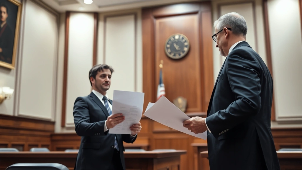 Defense attorney and prosecutor standing before judge's bench reviewing documents, professional business suits, serious legal discussion, well-lit courtroom interior