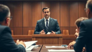 Professional male prosecutor in business suit presenting evidence to jury in modern courtroom, serious expression, wooden podium visible, fluorescent lighting, photorealistic