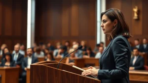 Professional female prosecutor in business suit presenting evidence at podium in modern courtroom with jury visible, serious focused expression, natural lighting from courtroom windows