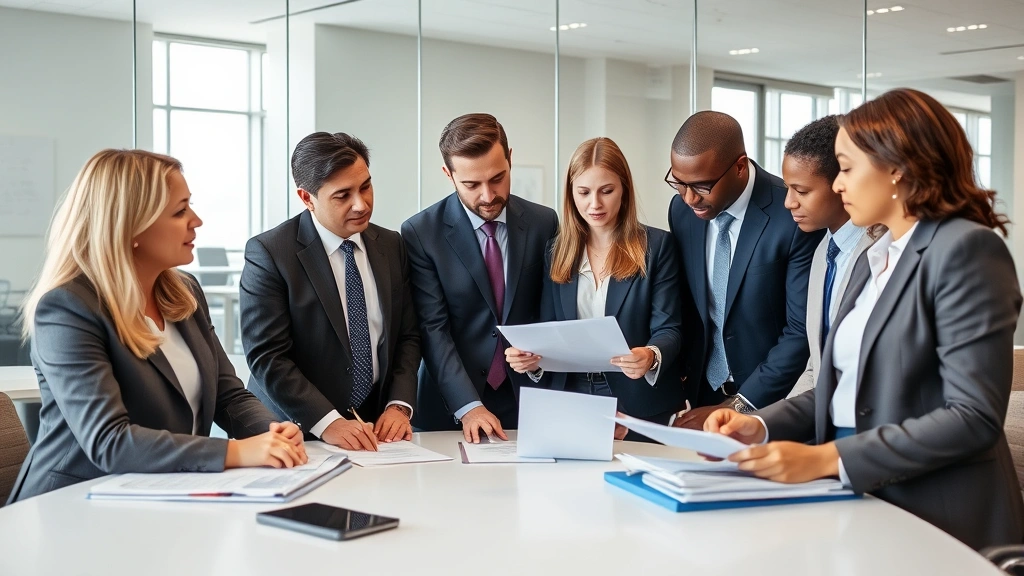 Diverse team of attorneys in business attire having serious discussion in law firm conference room with glass walls, reviewing documents together, collaborative professional environment
