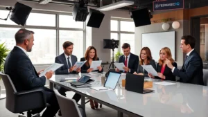 Professional television production set with multiple cast members in business attire reviewing scripts at a conference table, natural lighting from windows, modern office environment