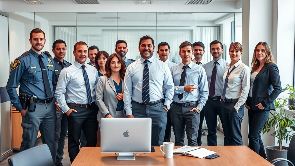Diverse team of law enforcement and prosecution professionals in an office setting, including detectives and prosecutors in business casual attire, collaborative workspace atmosphere