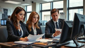 Professional female and male detectives in modern NYPD precinct office wearing business casual attire, reviewing case files at desk with multiple monitors, serious focused expressions, natural lighting from windows, realistic police department environment
