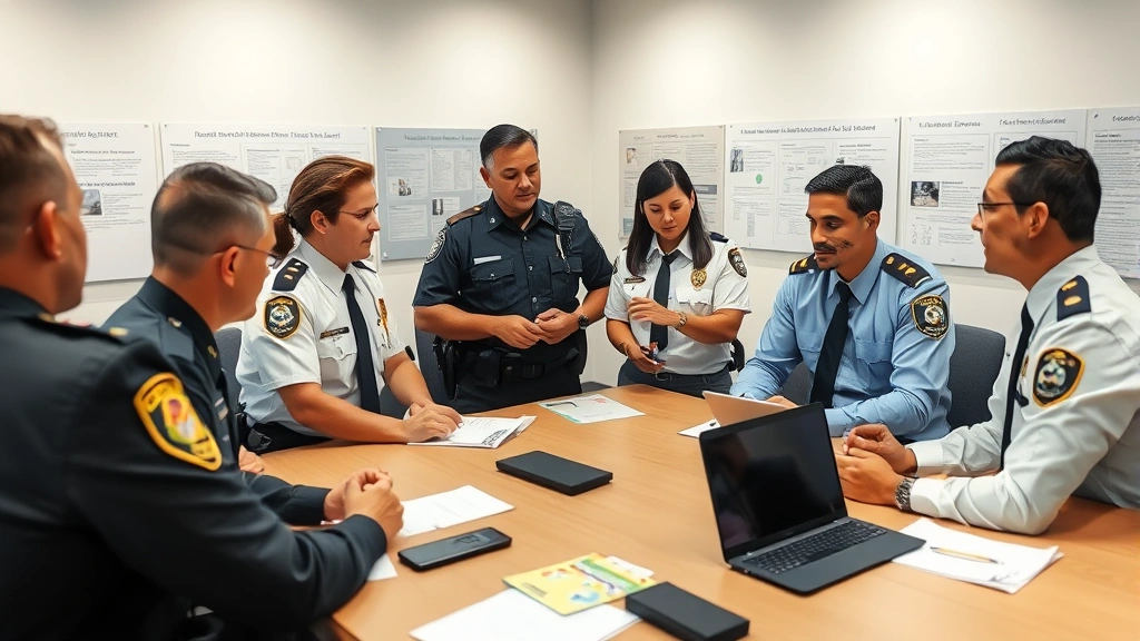 Diverse team of professional law enforcement officers in modern police precinct conducting investigation meeting around table with evidence boards and case materials visible in background, collaborative professional atmosphere
