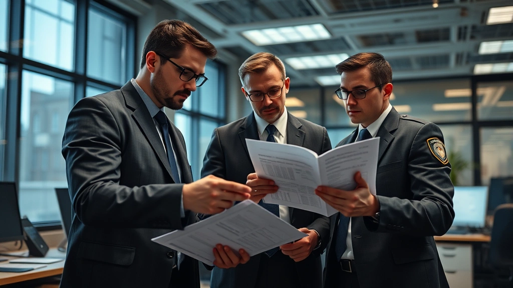 Professional detectives in contemporary police headquarters reviewing investigative findings, with modern technology and case documentation visible, realistic law enforcement workplace setting with natural office lighting