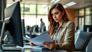 Professional female detective in modern police precinct examining case files at desk, serious focused expression, contemporary office setting with computer monitors, natural lighting
