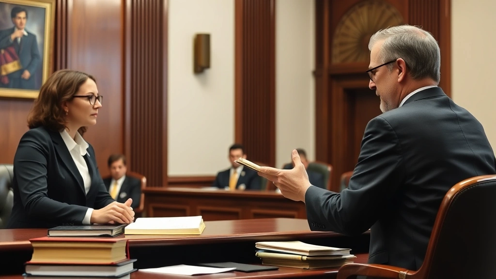 Courtroom scene with prosecutor presenting evidence to judge, professional business attire, law books and legal documents visible, formal judicial environment, natural lighting