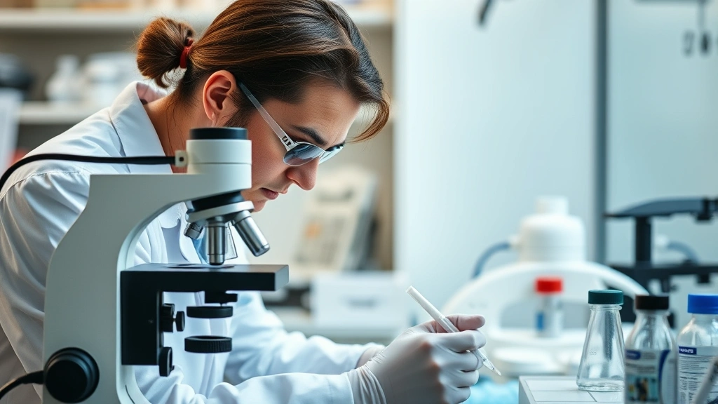Forensic laboratory technician analyzing DNA samples under microscope, white lab coat, scientific equipment and testing materials visible, focused concentration, clinical professional setting