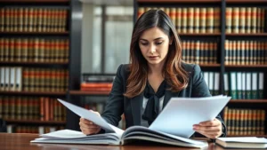 Professional female prosecutor in business attire reviewing case files at desk in modern office with law books on shelves behind her, serious focused expression, natural lighting