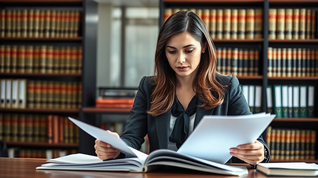 Professional female prosecutor in business attire reviewing case files at desk in modern office with law books on shelves behind her, serious focused expression, natural lighting