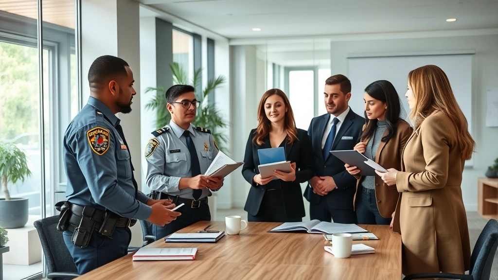 Diverse team of law enforcement and victim advocates in professional setting having collaborative discussion around table with notebooks and coffee, supportive atmosphere, modern office environment