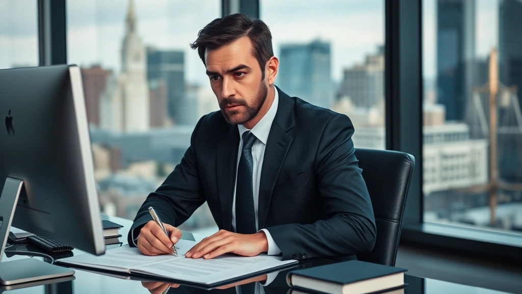 Defense attorney in professional suit preparing legal documents at desk with computer and law books, concentrated expression, modern law office with city skyline visible through windows