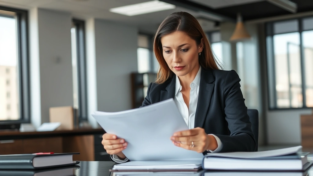 Professional female prosecutor in business attire reviewing case files at desk in modern law office, serious focused expression, natural lighting from windows, legal documents and folders visible