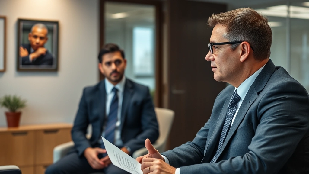 Experienced male detective in suit conducting interview in neutral investigation room, compassionate professional demeanor, victim support advocate visible in background, contemporary office setting