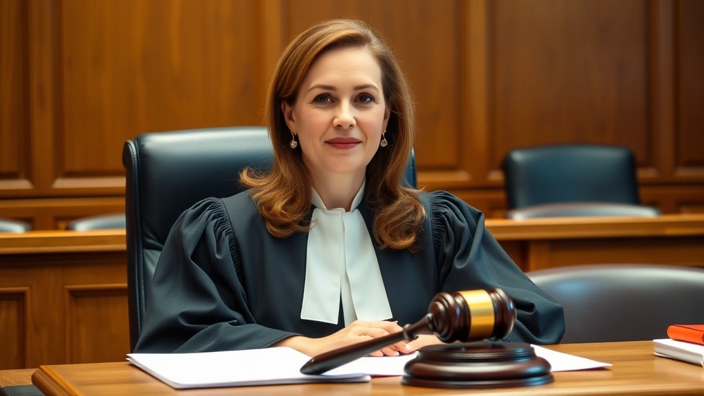 Female judge in judicial robes seated at bench in courtroom, authoritative composed expression, gavel and legal materials on desk, formal wood-paneled courtroom background