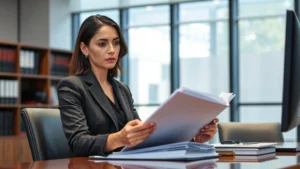 Professional female prosecutor in business suit reviewing case files at desk in modern law office, serious focused expression, natural lighting through windows