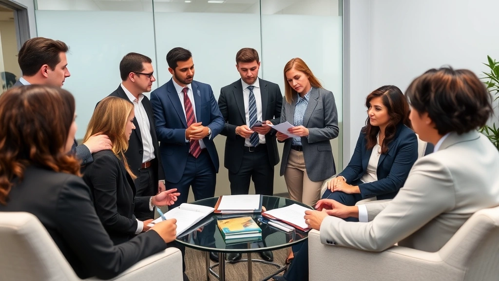 Diverse team of investigators and advocates in professional setting discussing case details, collaborative atmosphere, neutral office background, engaged discussion