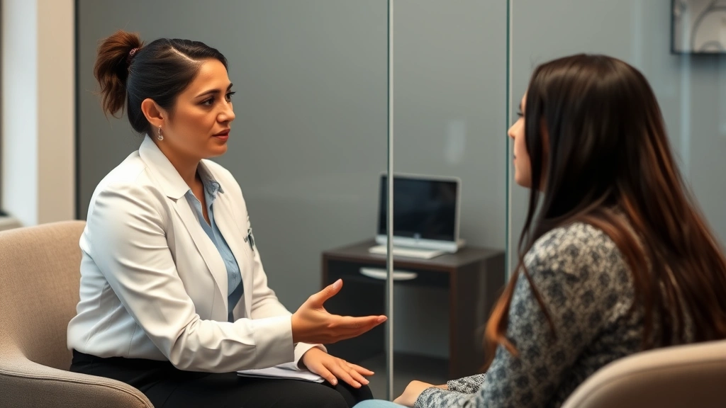Victim advocate in professional attire speaking supportively with survivor in private consultation room, compassionate body language, modern office environment, confidential setting