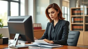 Professional female prosecutor in business suit reviewing case files at modern law office desk with computer monitor, serious focused expression, natural lighting from windows, contemporary office setting with law books in background