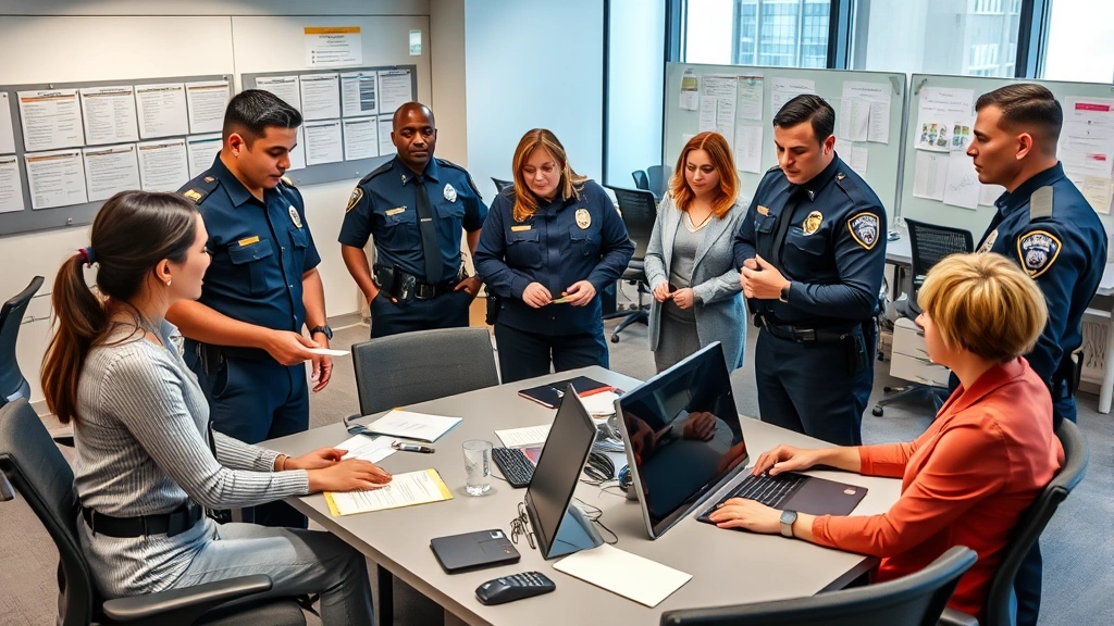 Diverse team of law enforcement detectives and victim advocate in modern police precinct bullpen, discussing case details at collaborative workspace, professional attire, modern office environment with visible case boards
