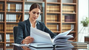 Professional female prosecutor in business suit reviewing case files at office desk, serious expression, modern law office background with bookshelves