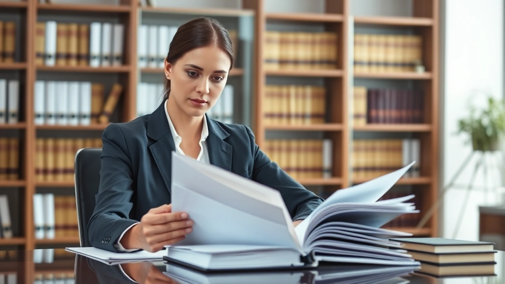 Professional female prosecutor in business suit reviewing case files at office desk, serious expression, modern law office background with bookshelves