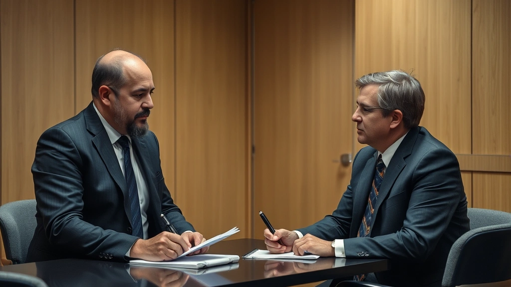 Detective interviewing witness in interrogation room, neutral professional setting, note-taking visible, focused attentive body language