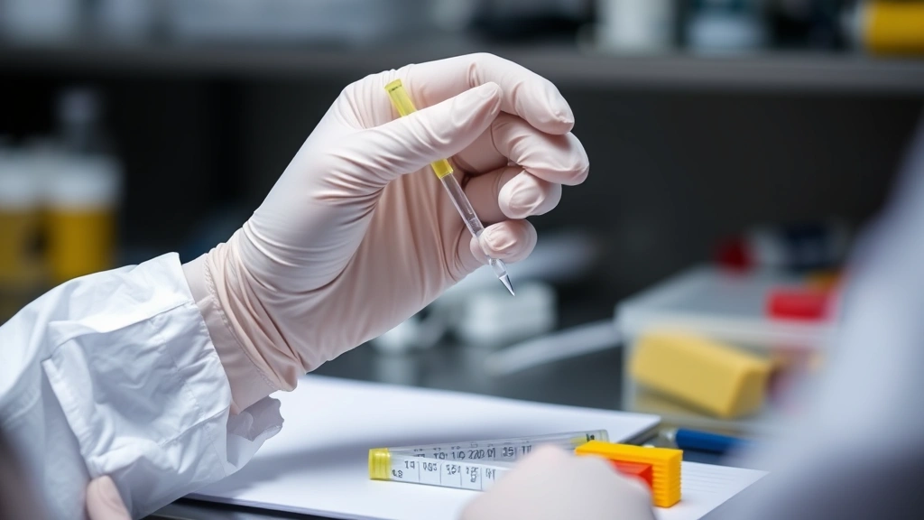 Forensic evidence collection with gloved hands, DNA swabs and documentation, laboratory or crime scene setting, professional medical/scientific atmosphere