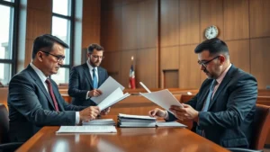 Professional courtroom setting with attorneys in business suits reviewing case files at a wooden table, natural lighting from tall windows, serious focused expressions, legal documents visible but not readable, modern courthouse interior