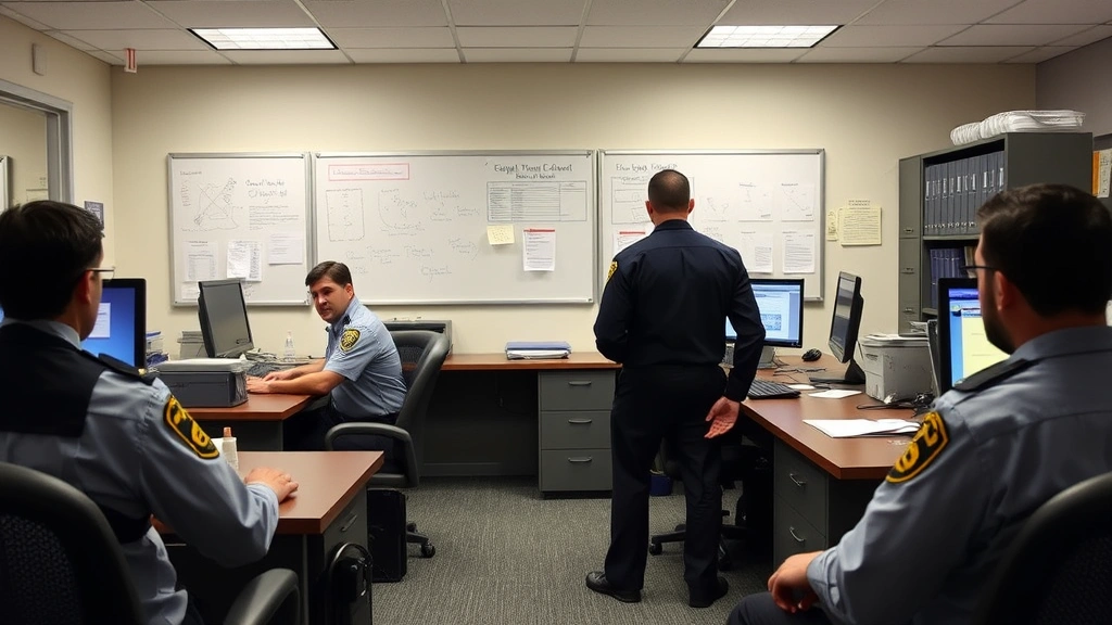 Police detectives in office environment at desks with computers and case boards, discussing evidence in homicide unit bullpen, casual professional attire, realistic detective squad room with filing cabinets and whiteboards, collaborative work atmosphere