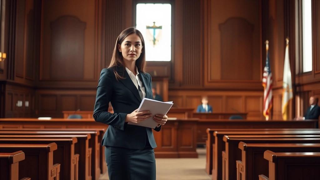 Female prosecutor standing confidently in empty courtroom facing judge's bench, professional business suit, prepared notepad in hand, authoritative posture, morning light through windows, empty jury box visible, serious professional demeanor