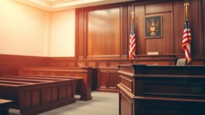 Professional courtroom interior with wooden judge's bench, jury box with empty seats, and American flag in soft natural lighting, emphasizing legal gravitas and judicial authority