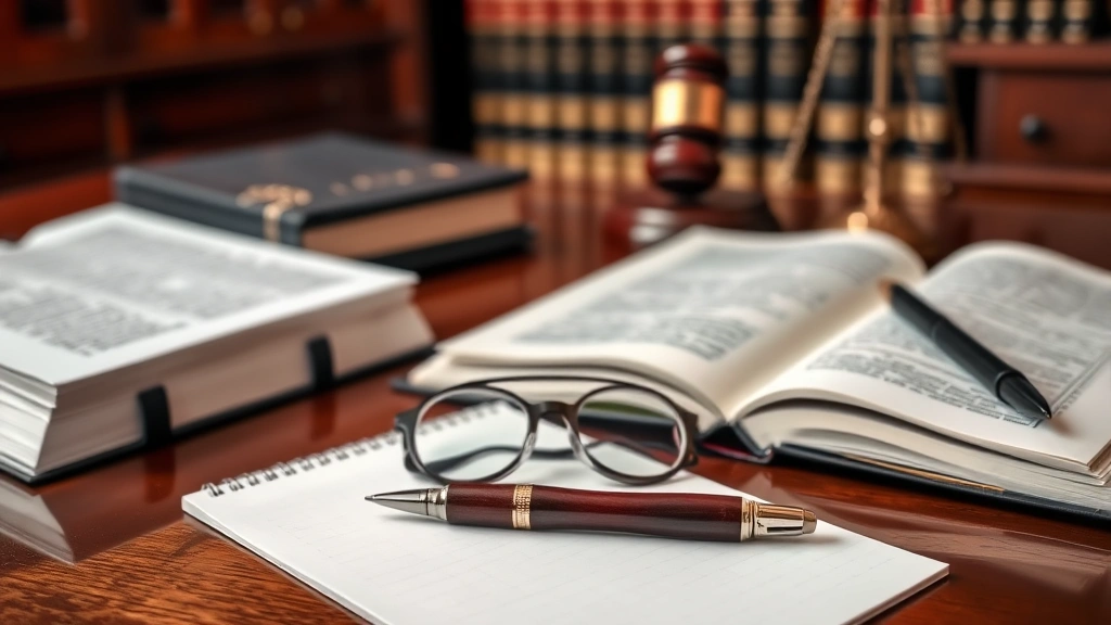 Close-up of law books and legal documents on a mahogany desk with reading glasses, notepad, and pen, representing criminal law research and legal preparation in a law office