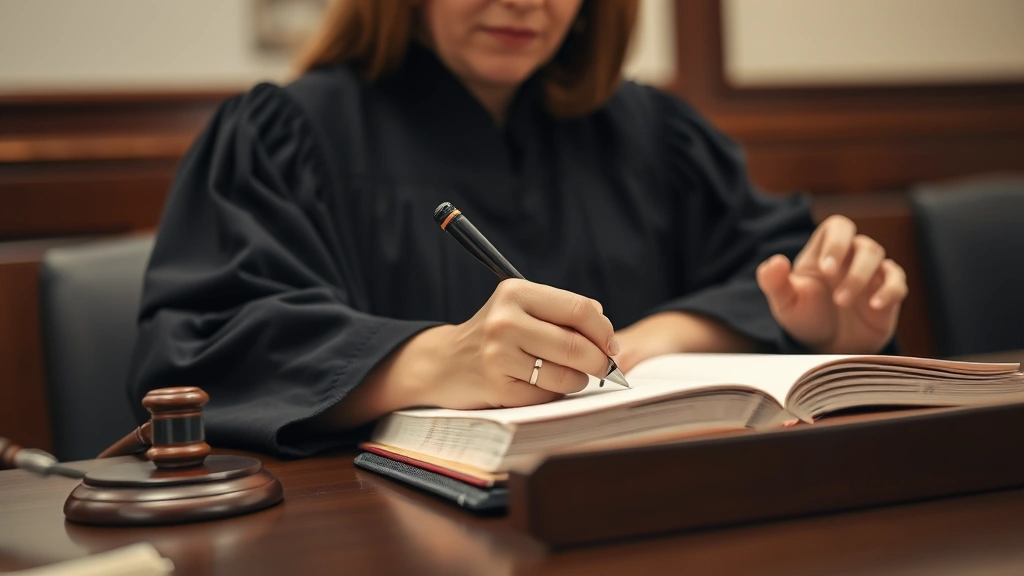 Serious female judge in black robes writing in case file at bench with gavel visible, professional courtroom setting with soft focus background, embodying judicial decision-making